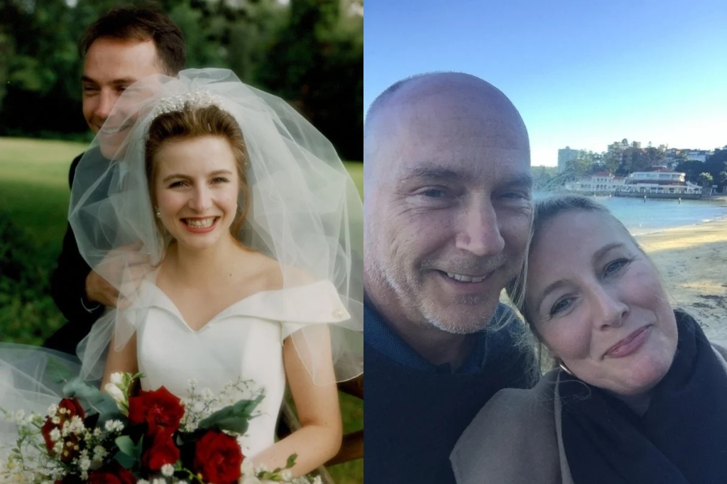 Side by side images of Louisa on her wedding day and today, with her husband